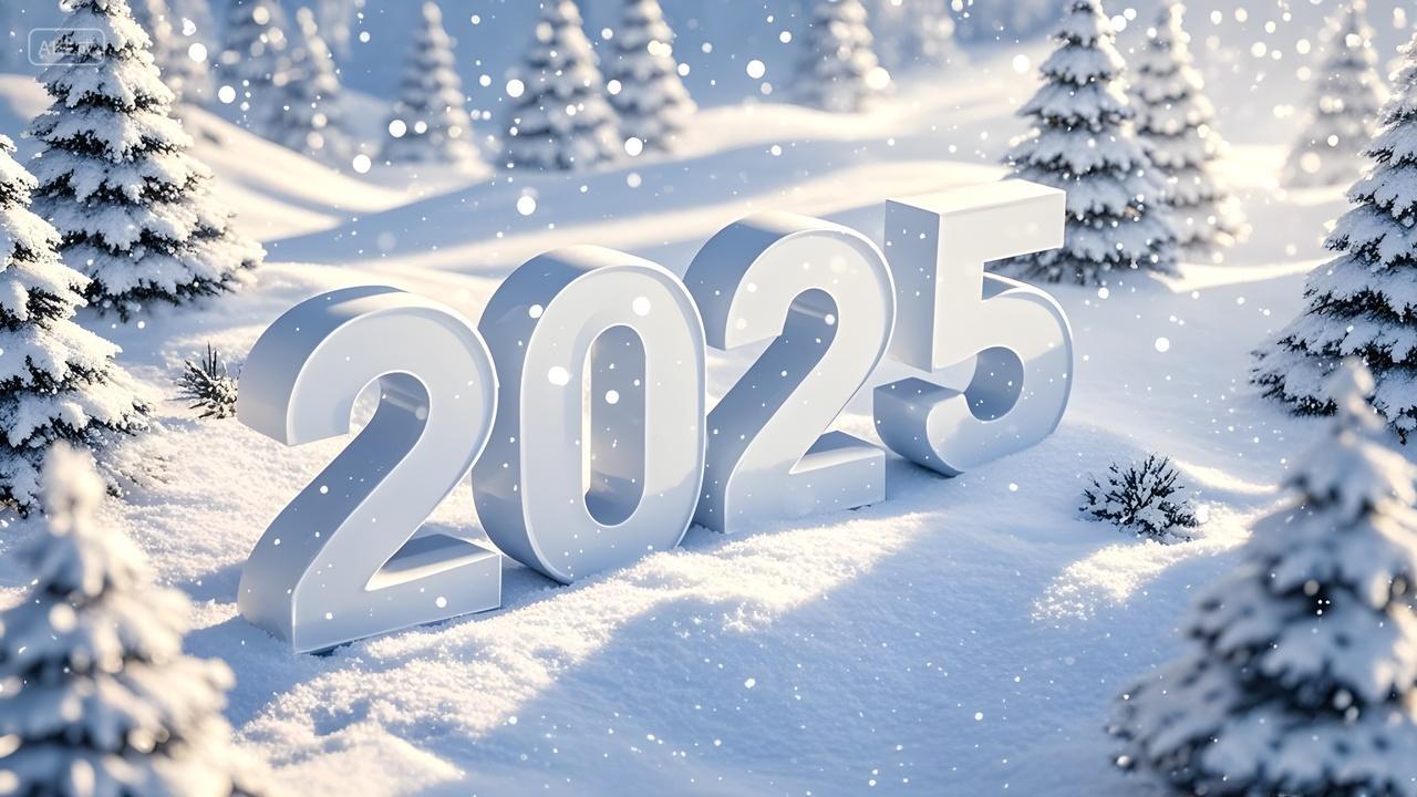 元旦节2025立体数字艺术字体冬天圣诞节雪地圣诞树冬日新年跨年氛围创意图片