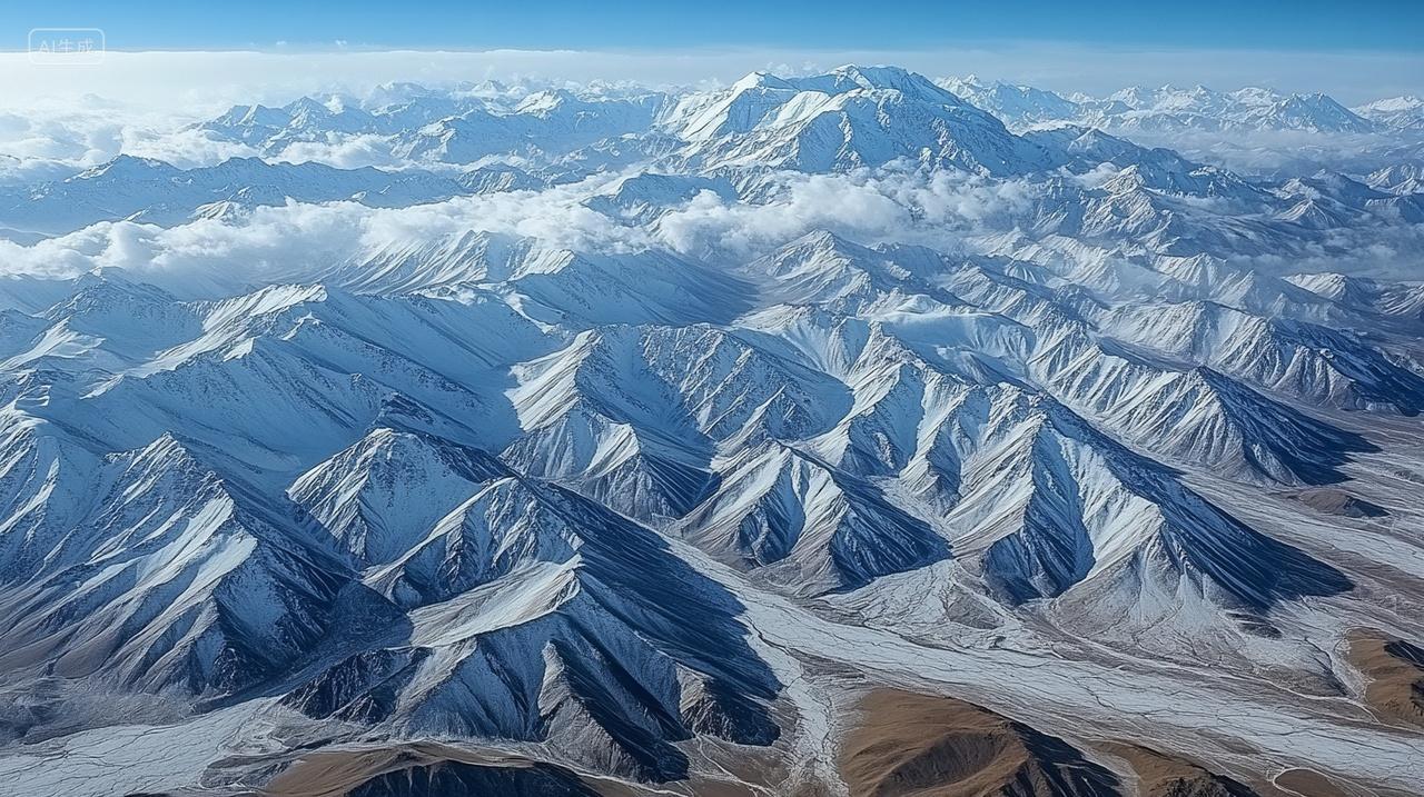 航拍冬天冬季祁连山脉连绵山峰云海雪景大自然风景风光电脑壁纸图片