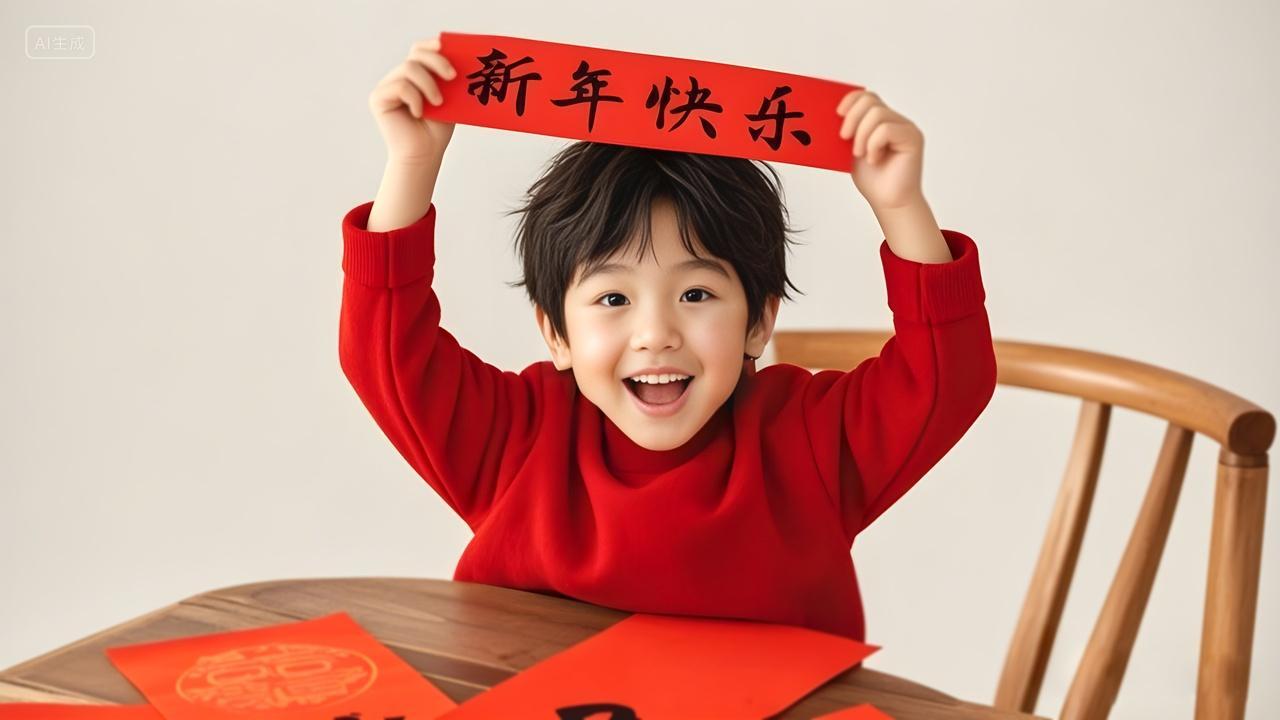 新年新春2025年小男孩子人物手写对联庆祝蛇年场景摄影图片