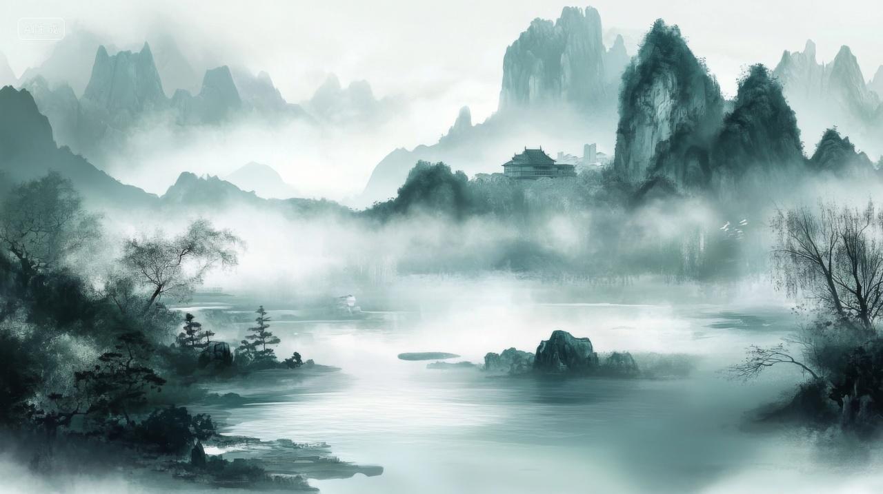 水墨朦胧山水雾气缭绕古风大好河山山水画水墨画背景