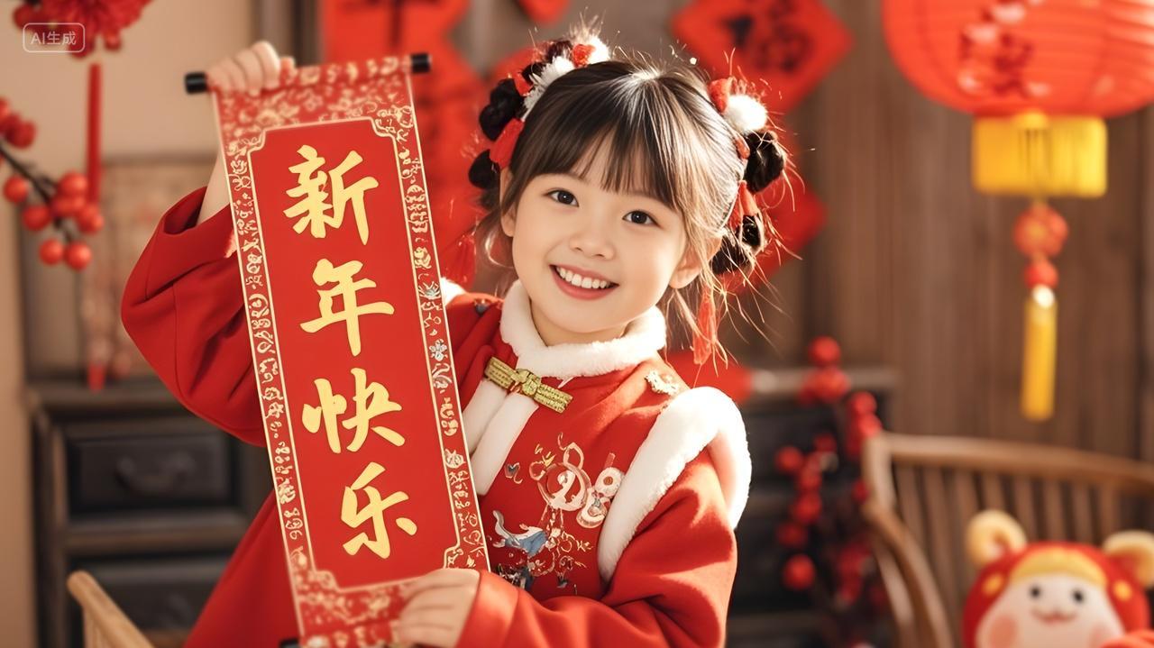 新年新春2025年小女孩人物祝贺新春手持对联新年快乐蛇年喜庆广告海报摄影图片