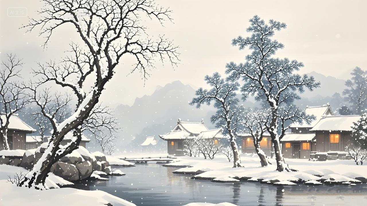 冬天小雪大雪冬至江边唯美意境雪景山水画水墨画风景画高清图片