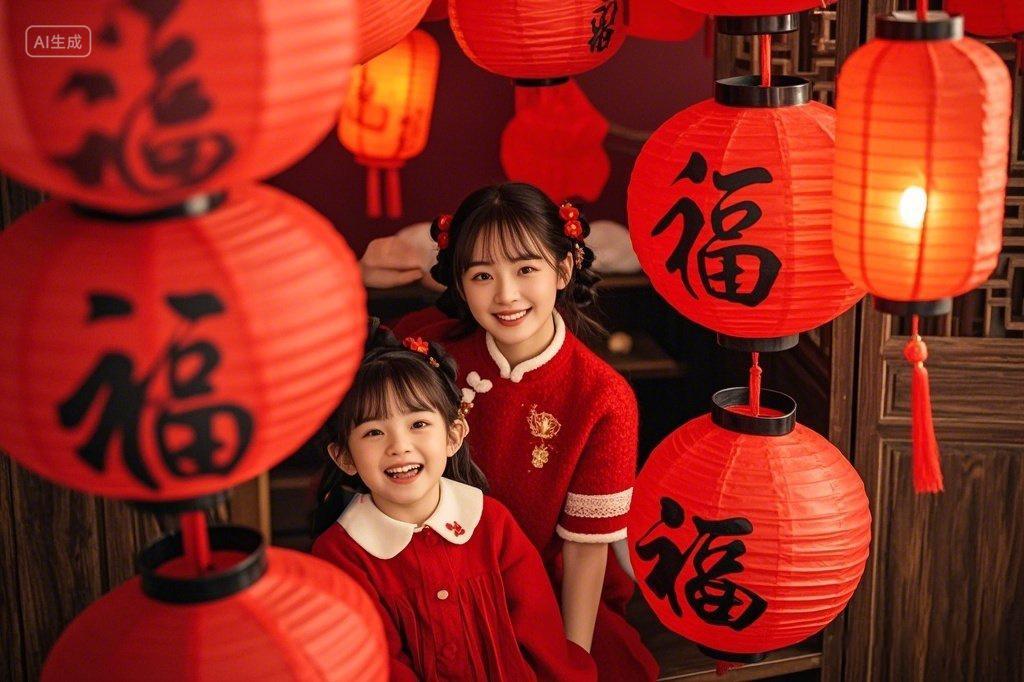 新年2025年蛇年俯拍两个小女孩在灯笼下开心抬头看向灯笼新年喜庆人物摄影图片