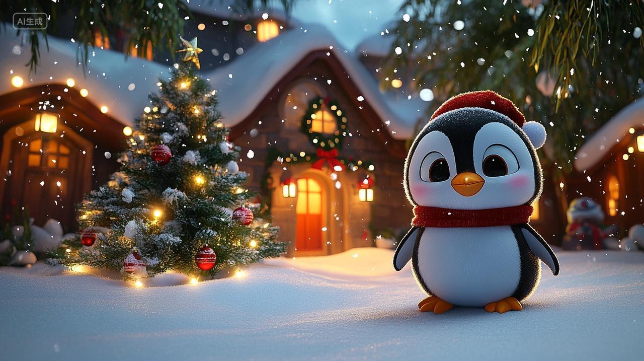 雪地企鹅圣诞树房屋圣诞节插画