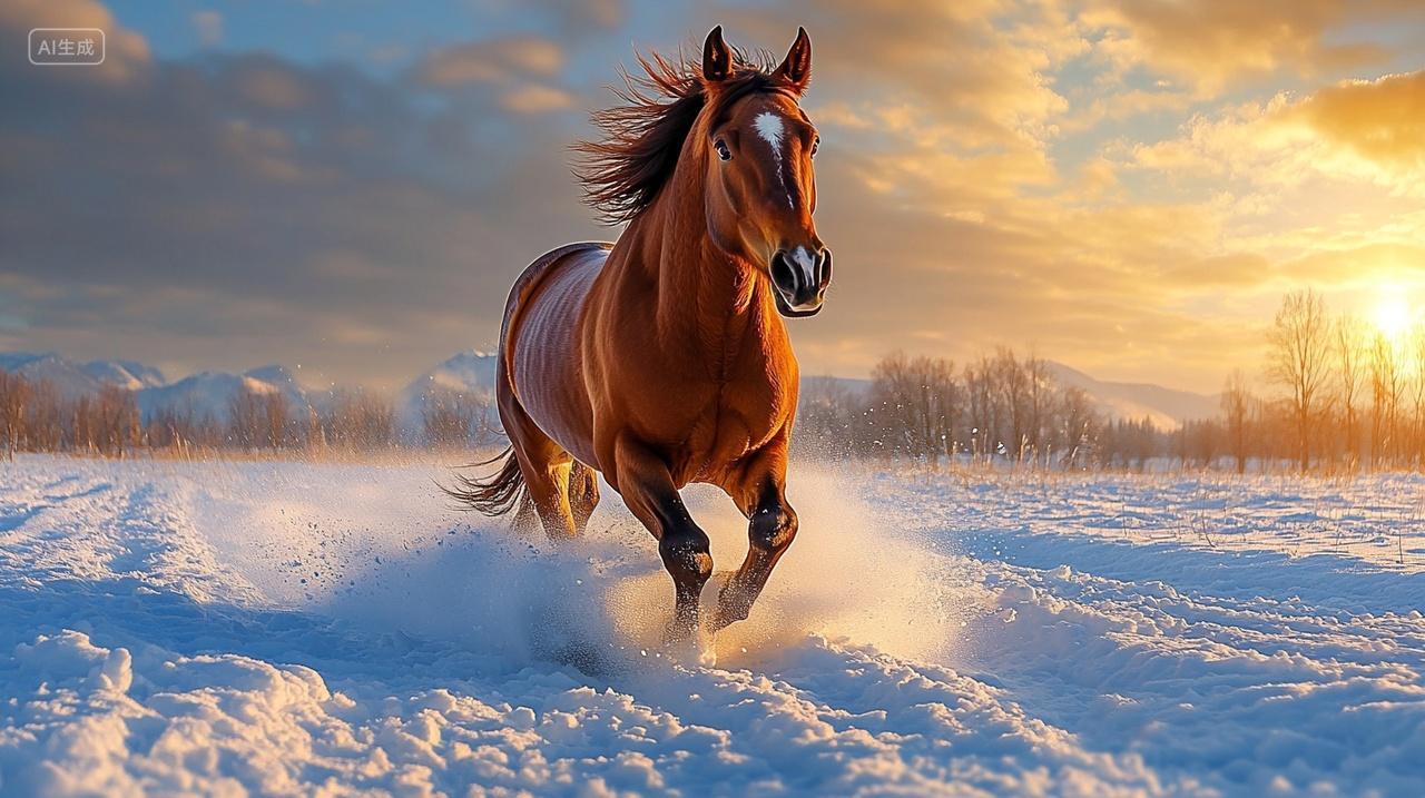 自然动物雪地里奔跑的俊马