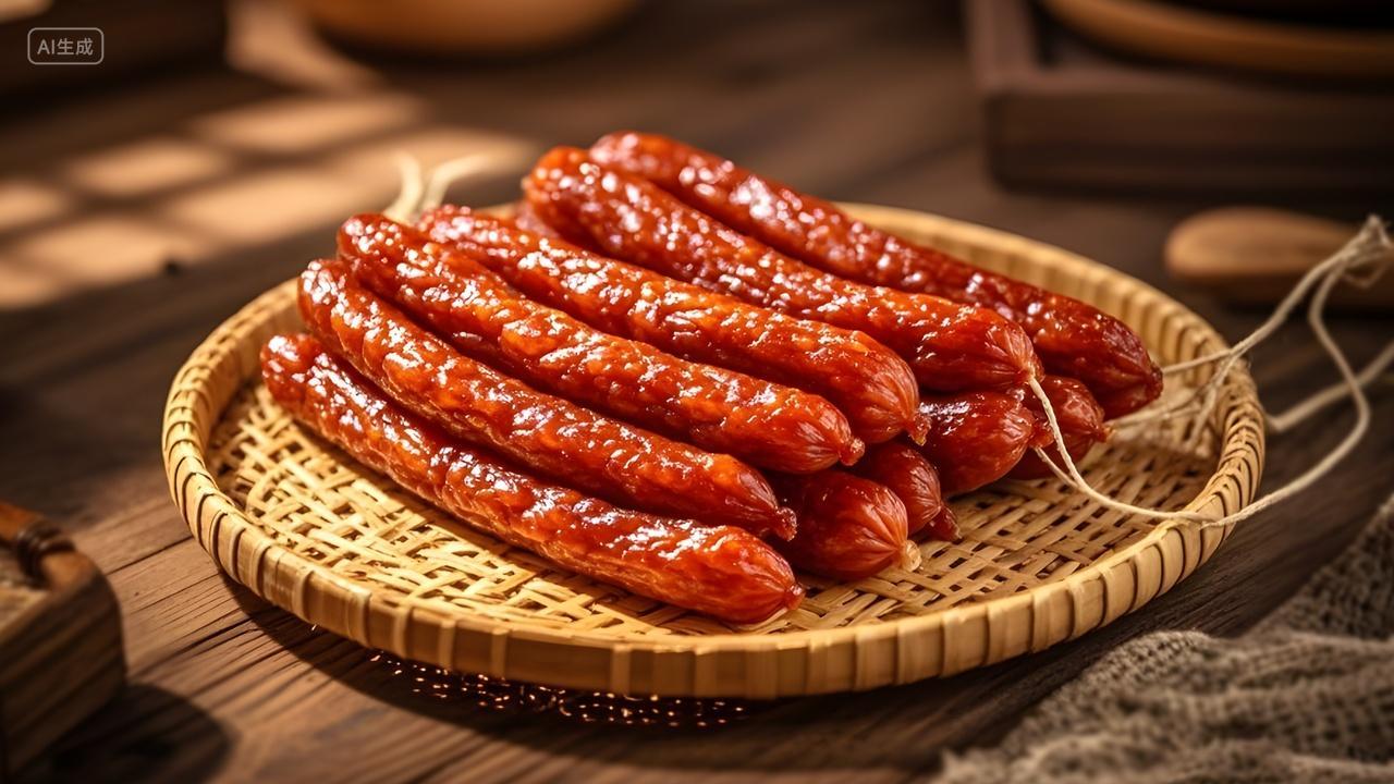 晾晒腌制传统美食肥瘦相间的精品腊肠广告海报摄影图