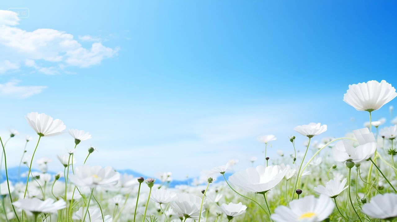 蓝天白云下的纯净白色小花唯美浪漫背景图电脑壁纸