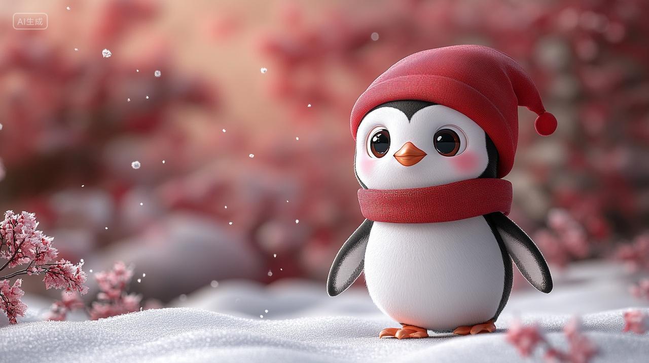 圣诞节带着圣诞帽子的3d企鹅ip