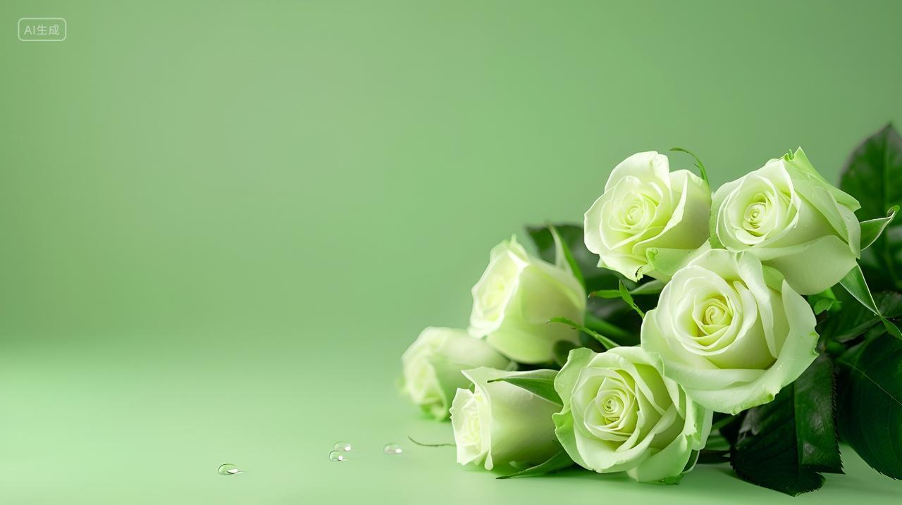 绿色映衬下的洁白玫瑰青绿色背景背景图电脑壁纸