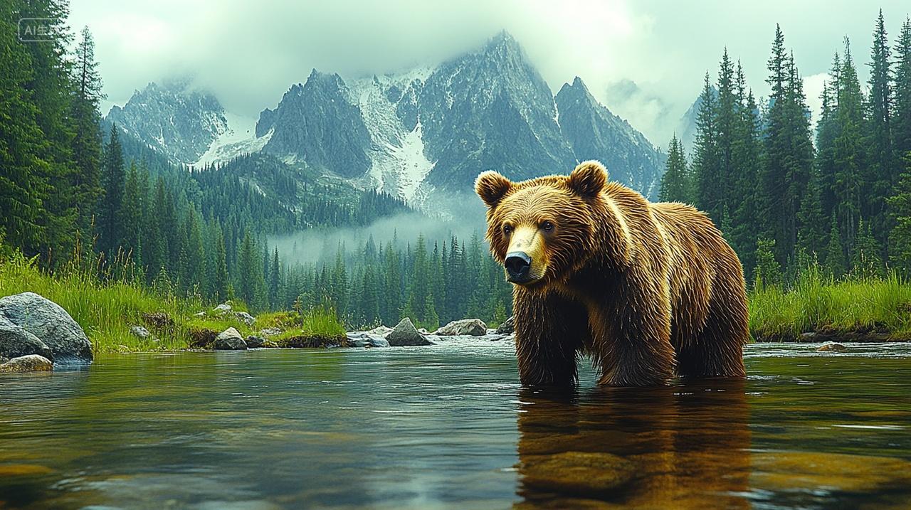 大山里河边棕熊野生动物