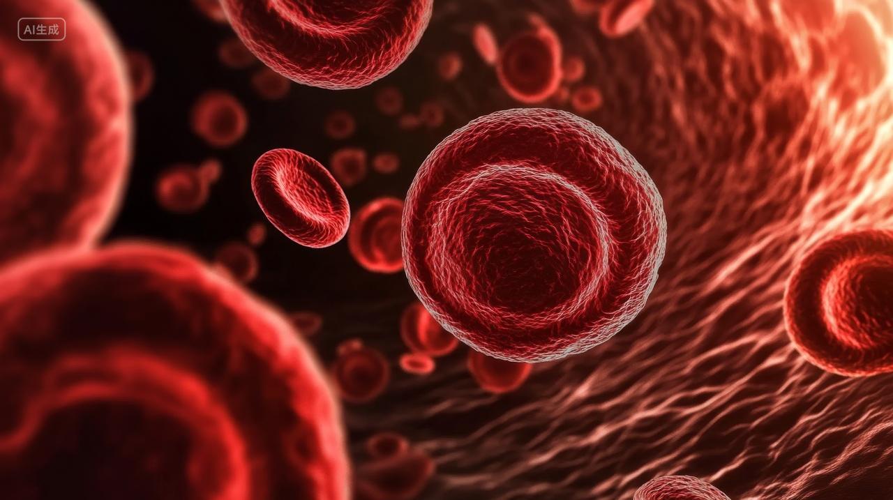 微观血细胞观察生物研究红色背景摄影图