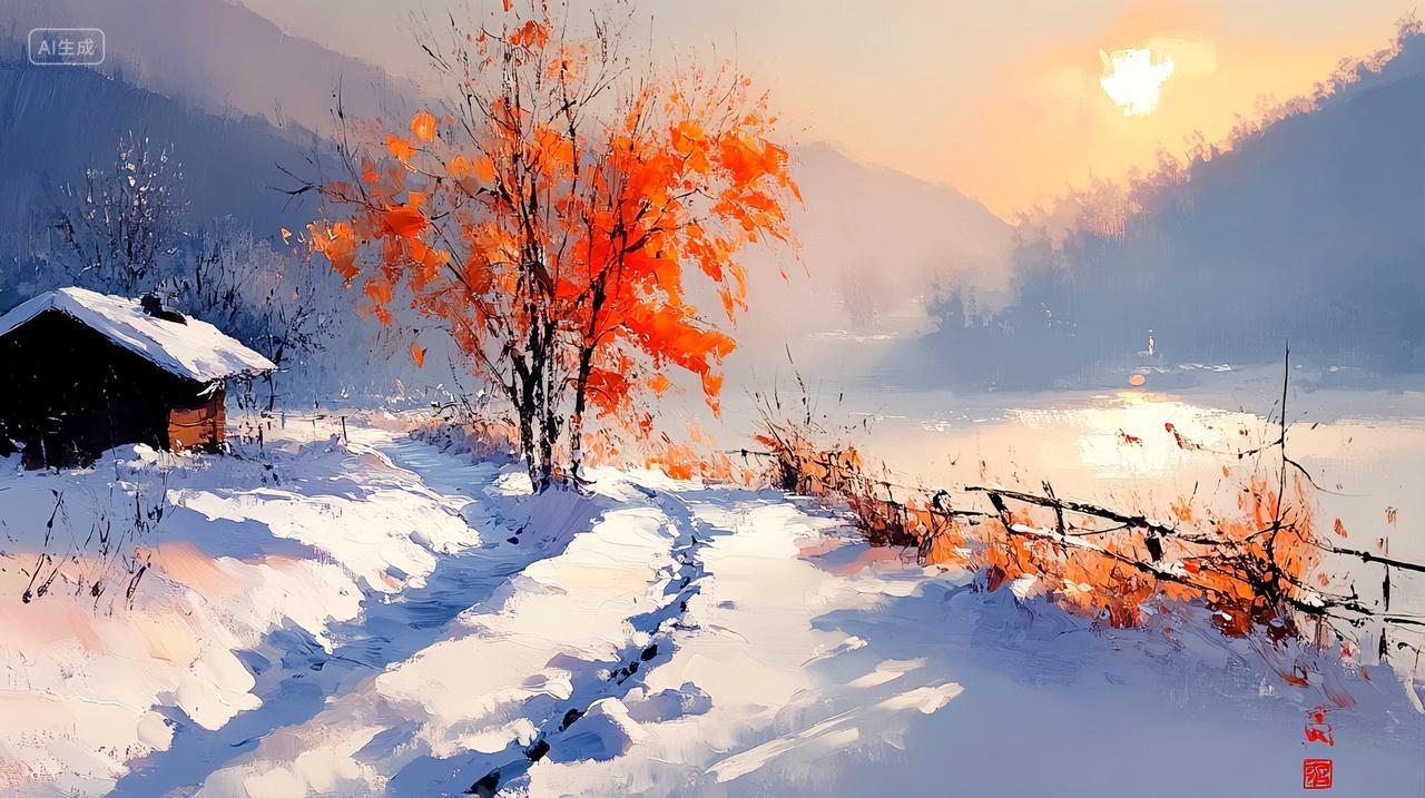 晨光雪幕印象派风格的冬日乡村