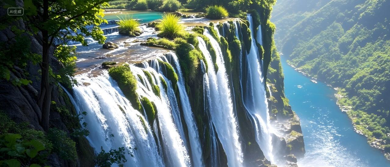 航拍高山流水瀑布的源头广告海报电脑壁纸宣传摄影照