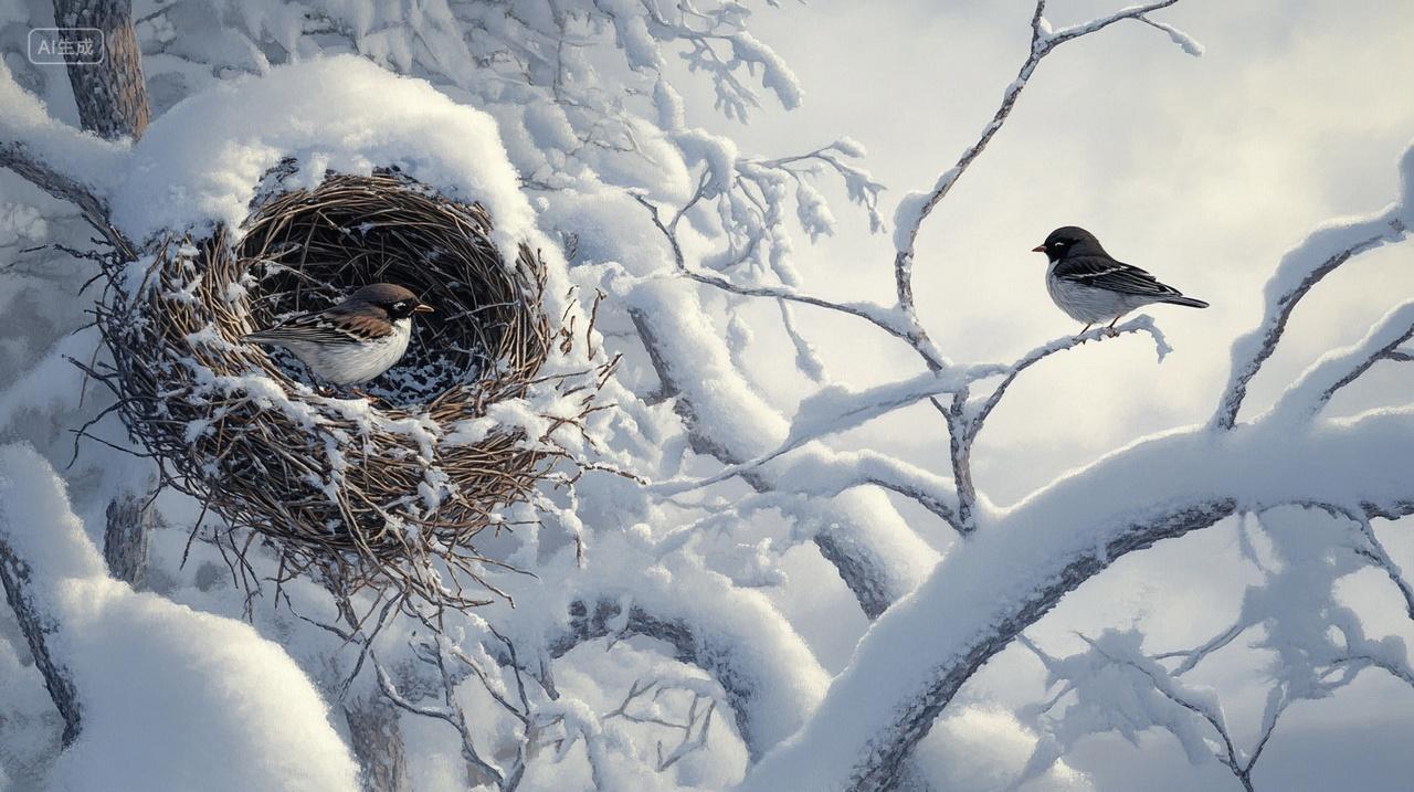 动物冬天雪中的鸟巢和小鸟