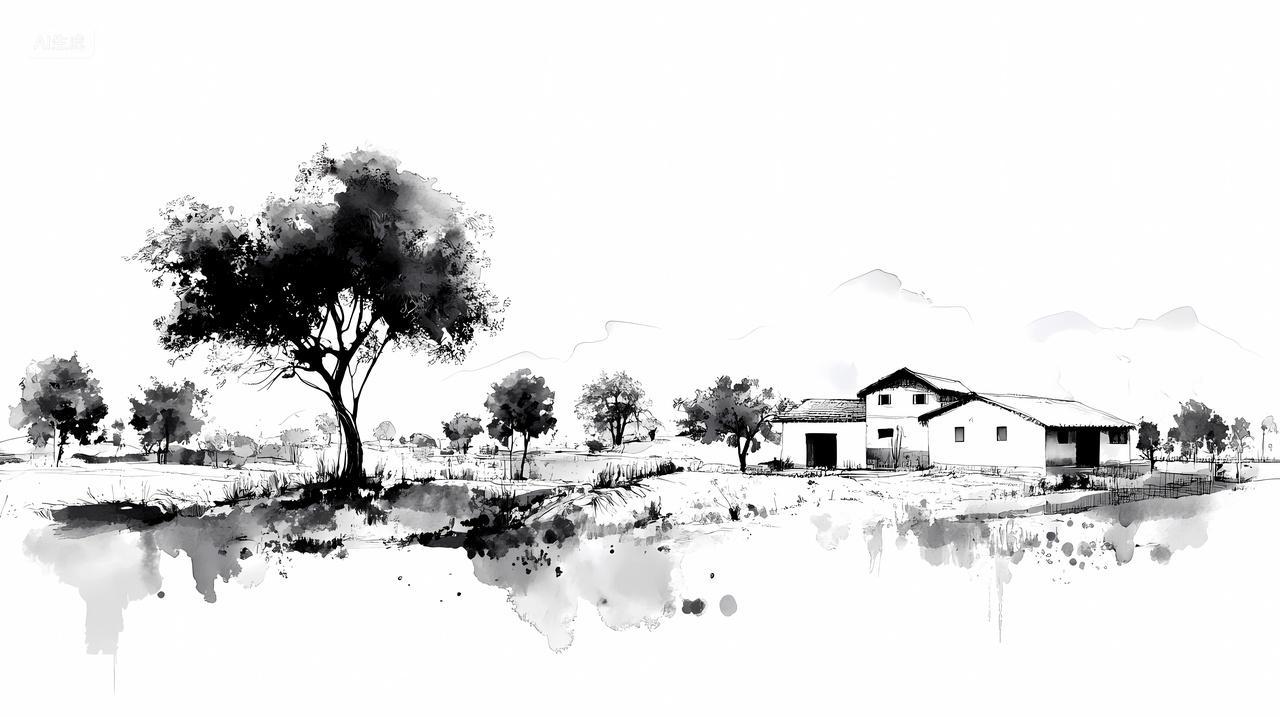 插画水墨写意农村民居画