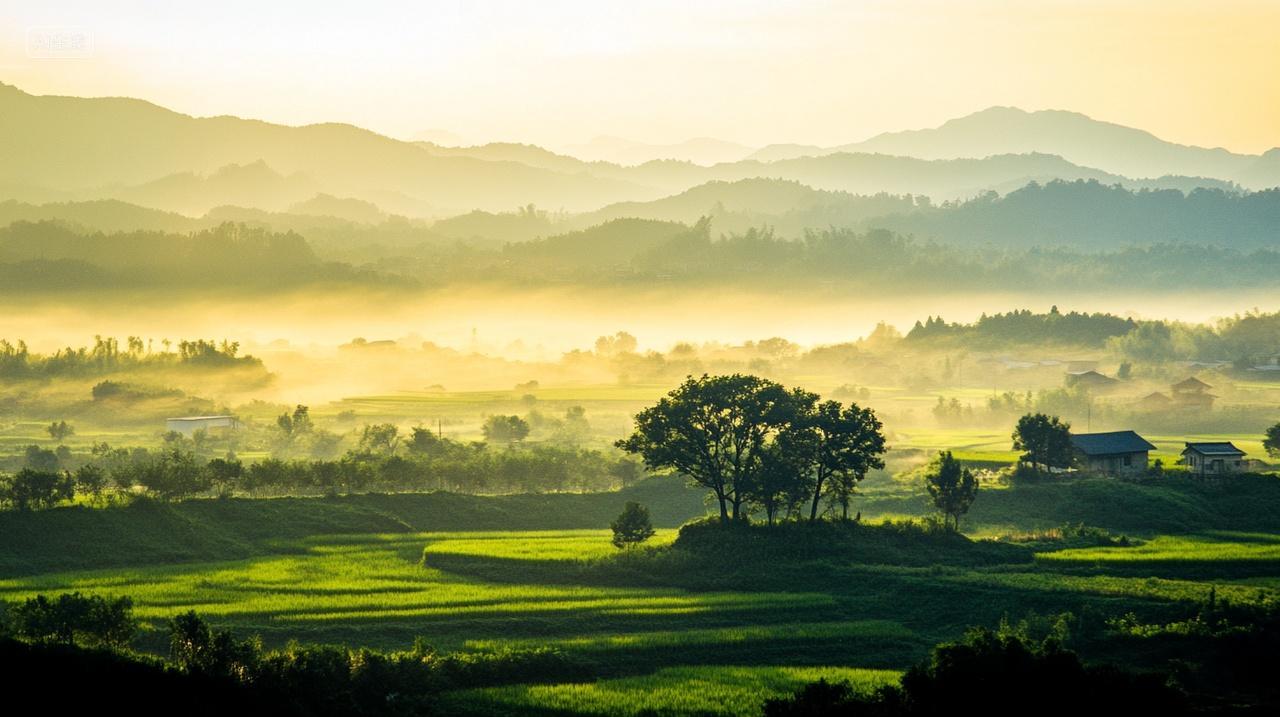清晨阳光照射烟雾笼罩的森林自然风景背景摄影图片