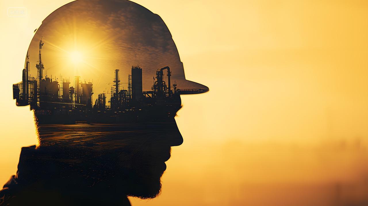 夕阳下一名男工人侧影安全生产安全头盔