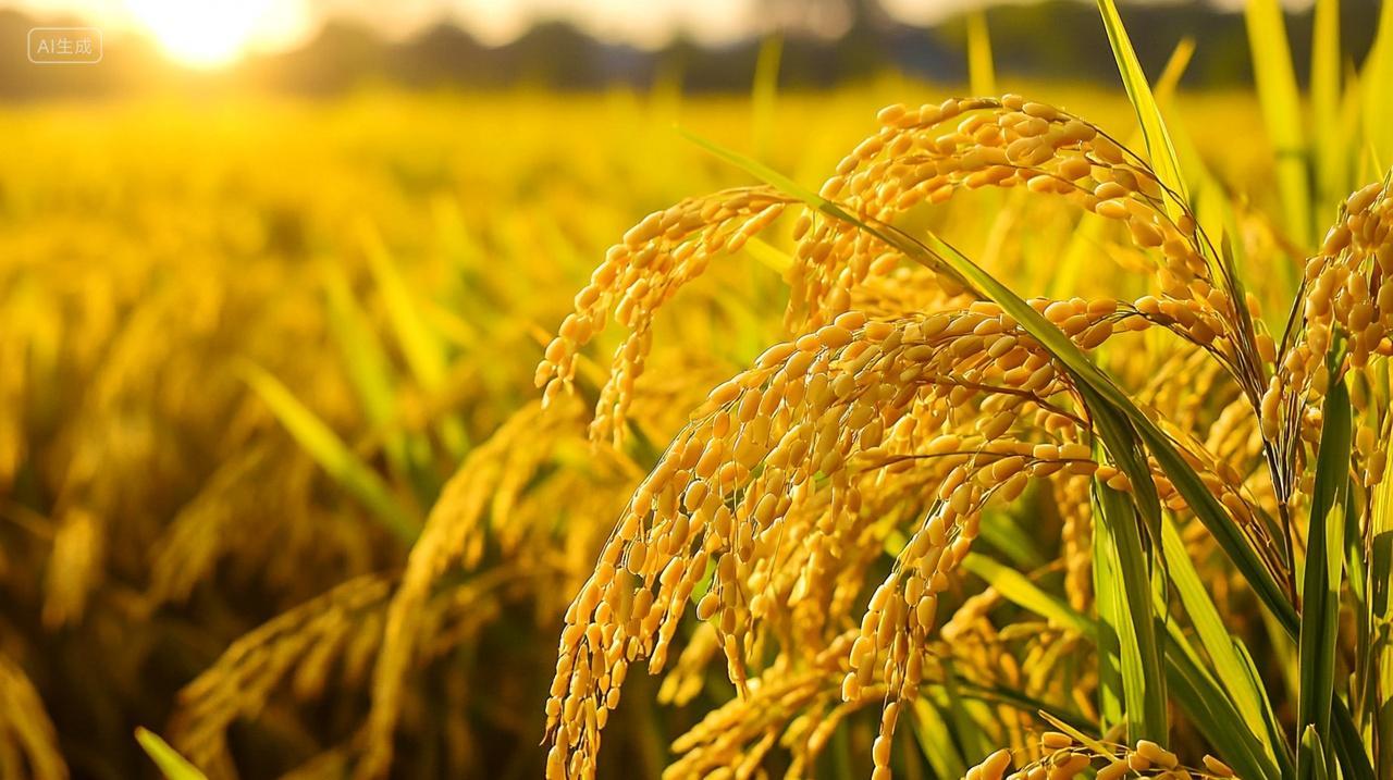 金色稻田里成熟的稻子特写丰收的喜悦