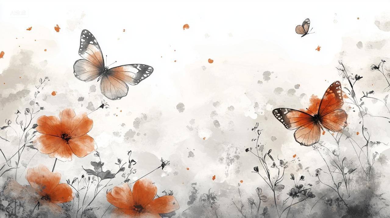 秋天秋意轻暖冬意水墨花朵蝴蝶自然宁静梦幻唯美背景图电脑壁纸