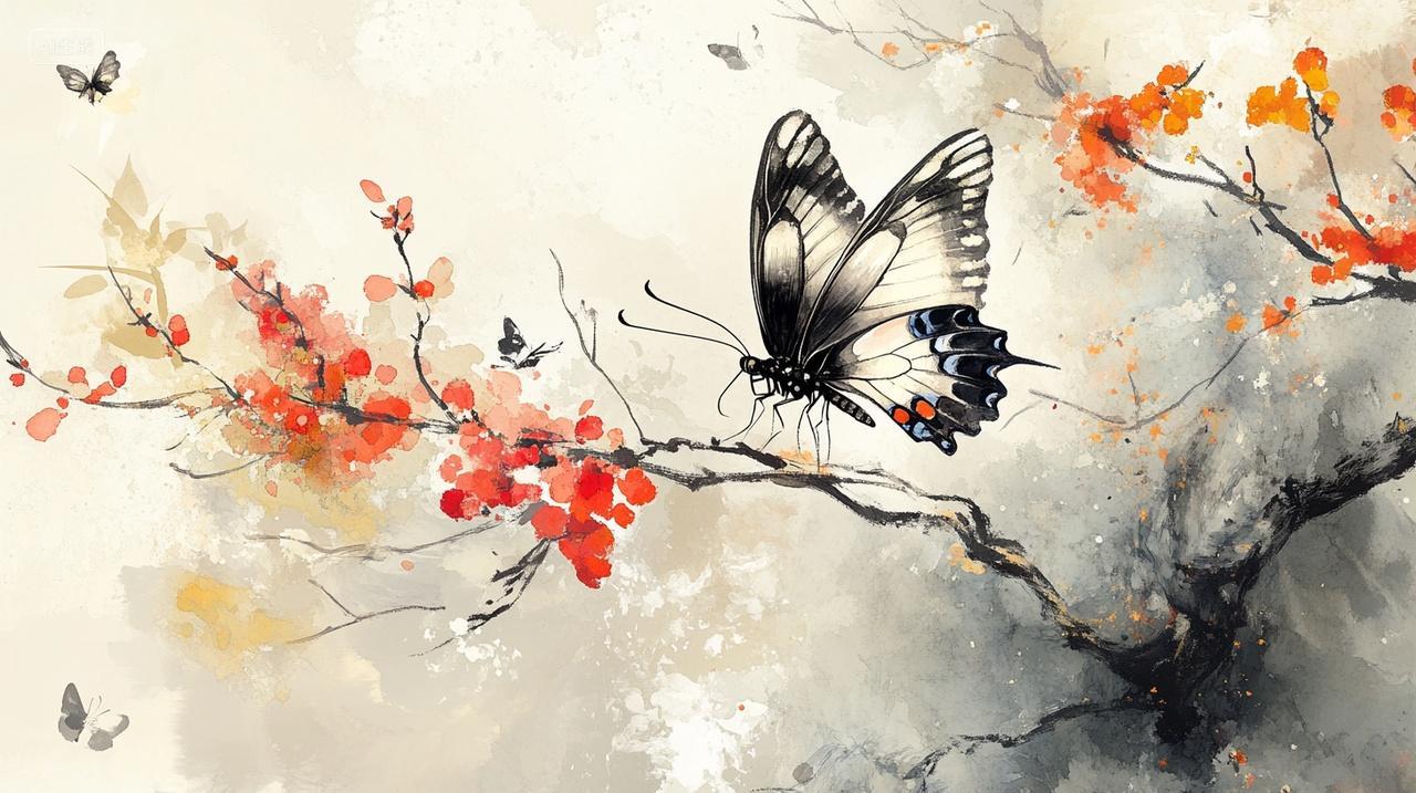 秋季秋天秋意轻暖冬意水墨花朵蝴蝶自然宁静梦幻唯美背景图电脑壁纸