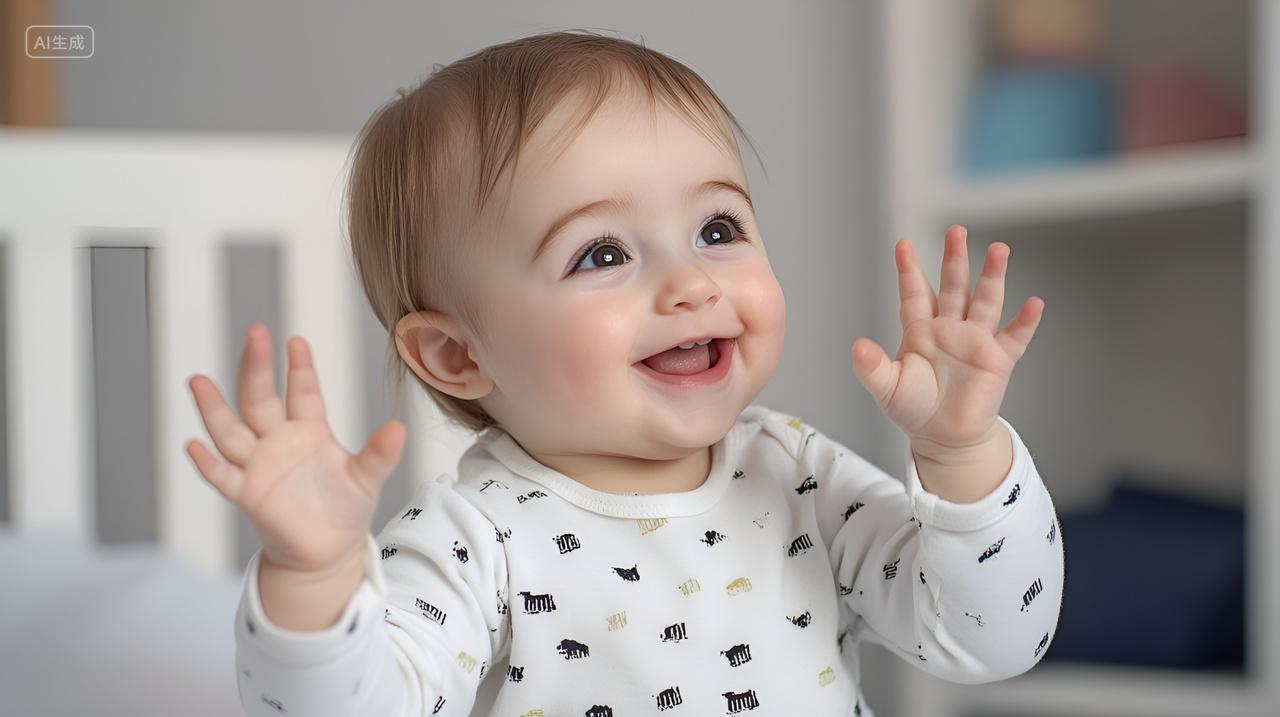 外国小宝宝开心地挥手打招呼新生儿童小孩