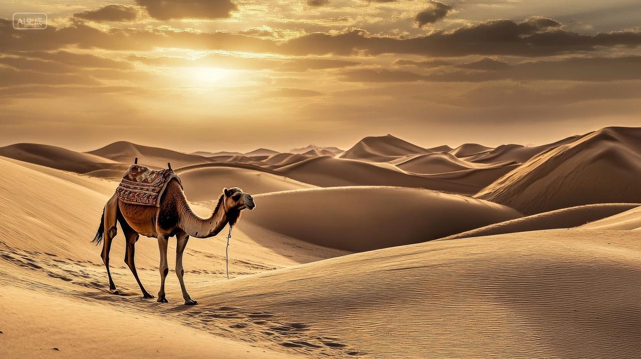 动物夕阳下骆驼沙漠自然风景旅行风光丝绸之路