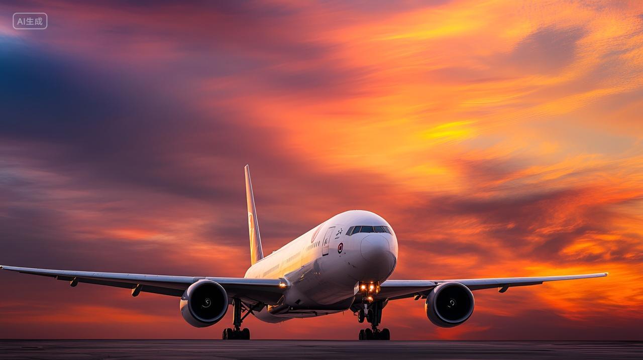 夕阳下的飞机起飞降落机场跑道日落彩霞