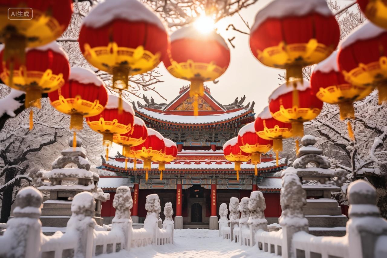 中国风雪景庙古建筑红灯笼新年春节