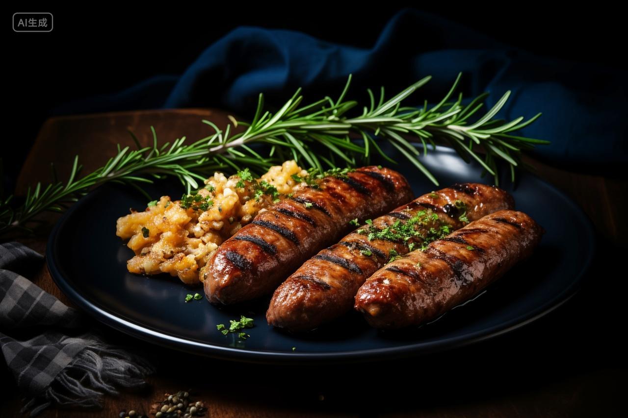 一盘香肠与土豆泥烹饪烧烤