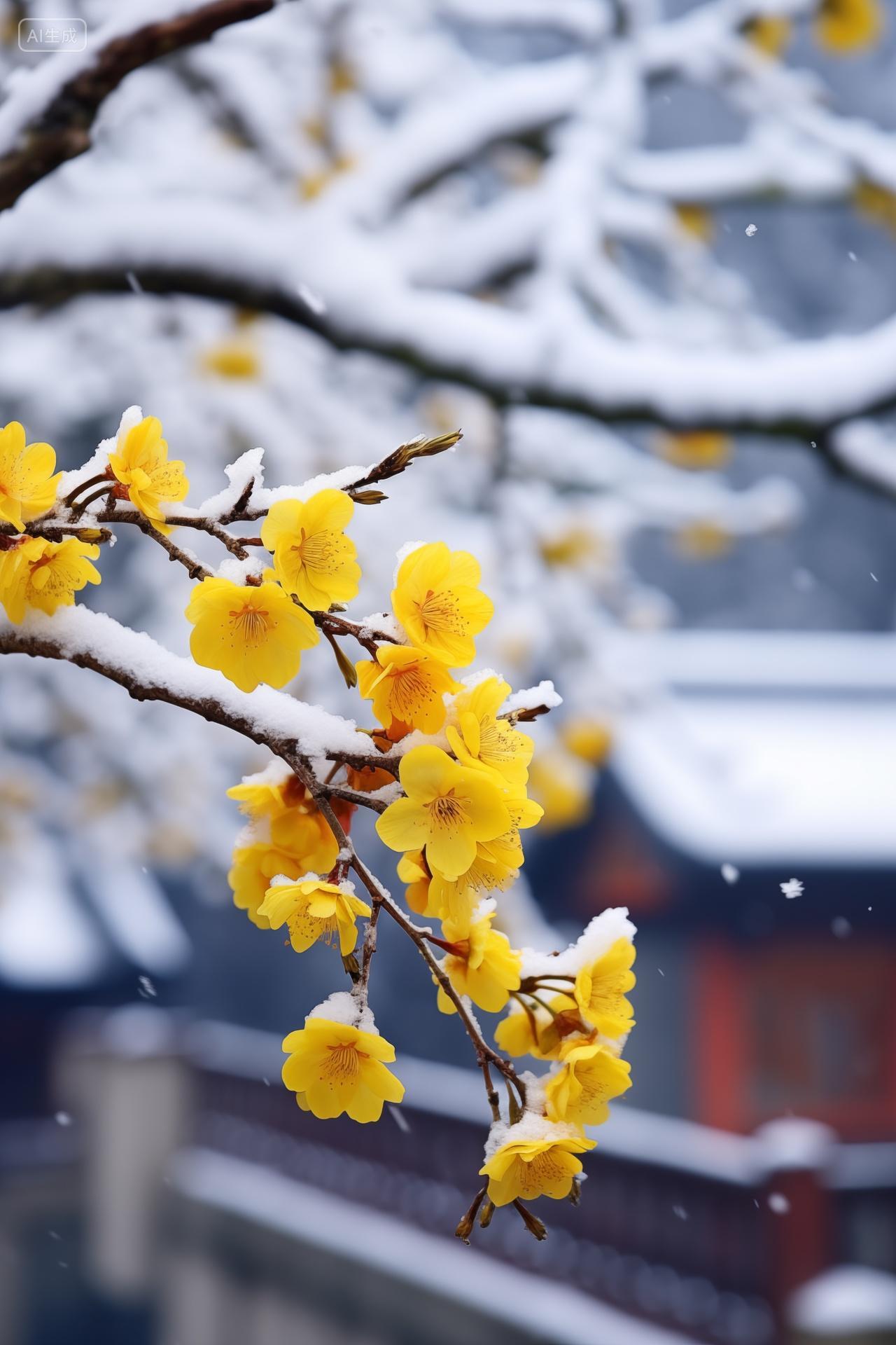 冬天立冬冬至节日盛开黄色梅花古建筑风景壁纸