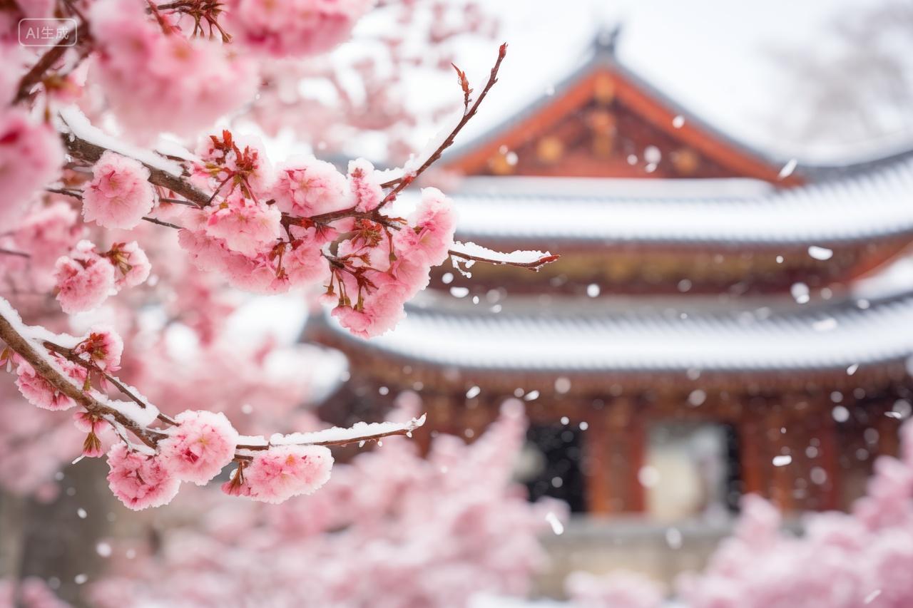 冬至小雪节气冬天雪中樱花古寺唯美古色古香风光风景图
