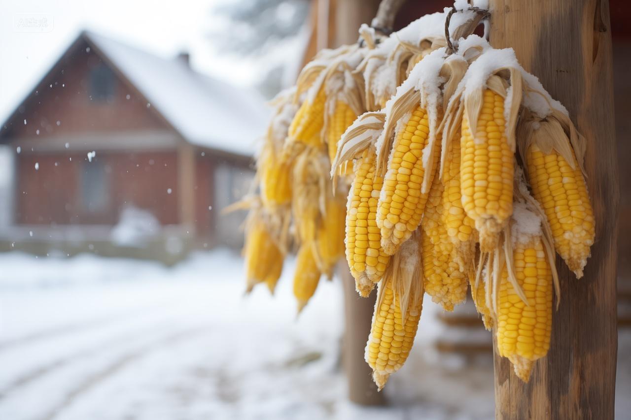 冬天雪地里的玉米棒乡村田野背景壁纸