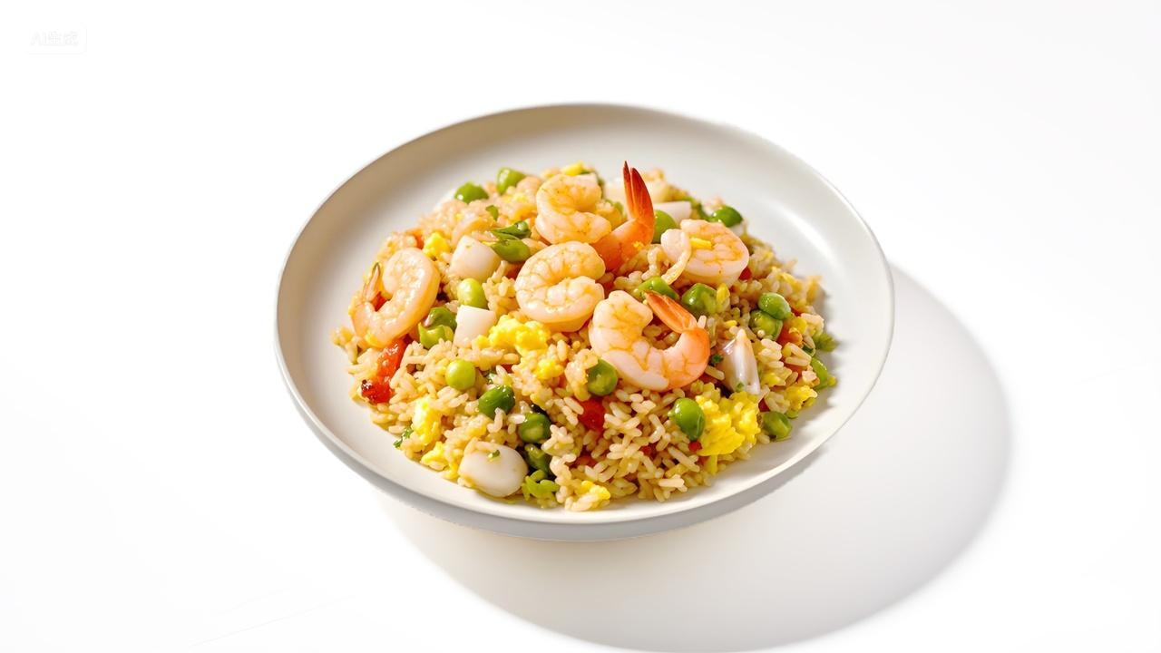 虾仁蛋炒饭地域特色美食小吃白底纯色背景广告海报摄影图