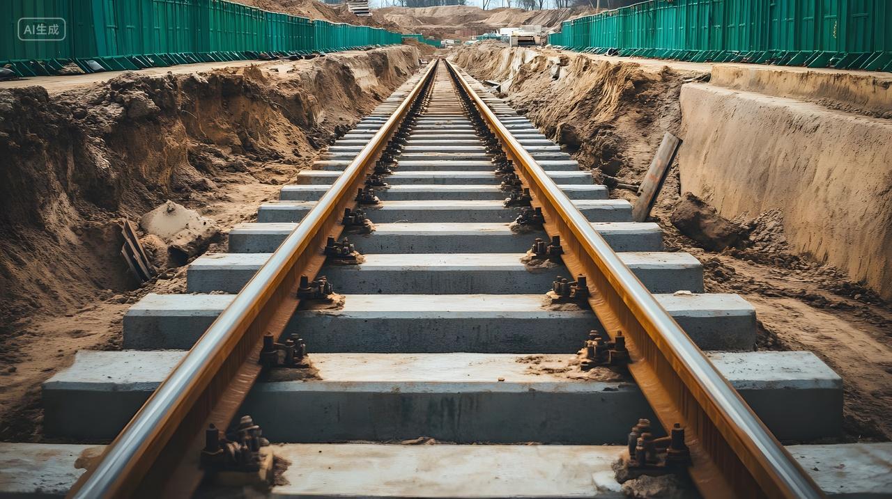 铁路施工中的新铺设铁轨工程
