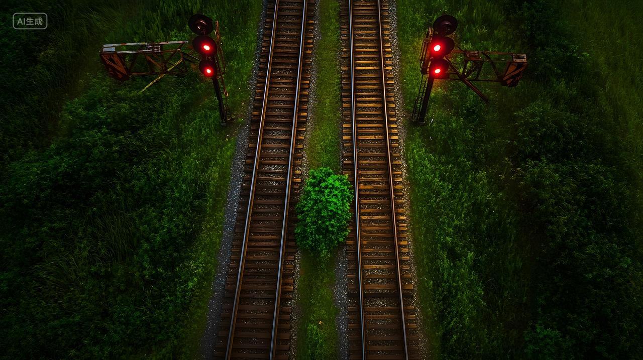 夜晚红色信号灯照亮的森林铁路