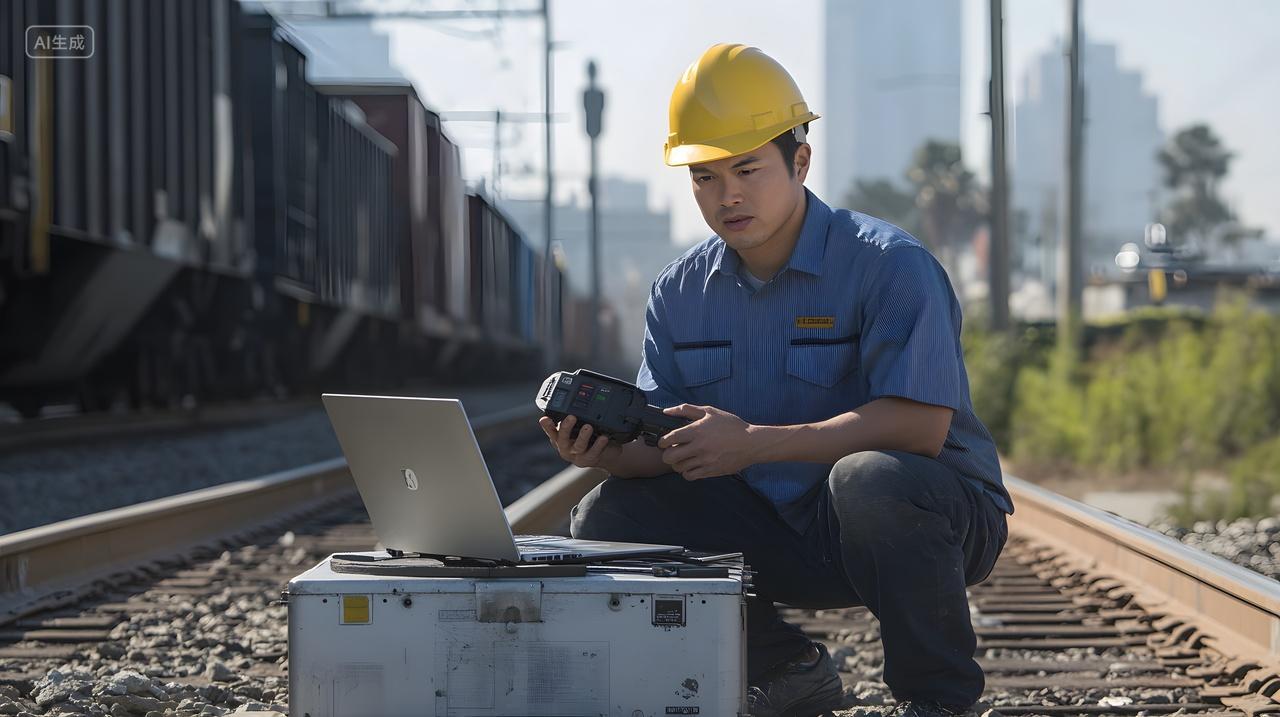 铁路工人使用设备进行数据监测与检查