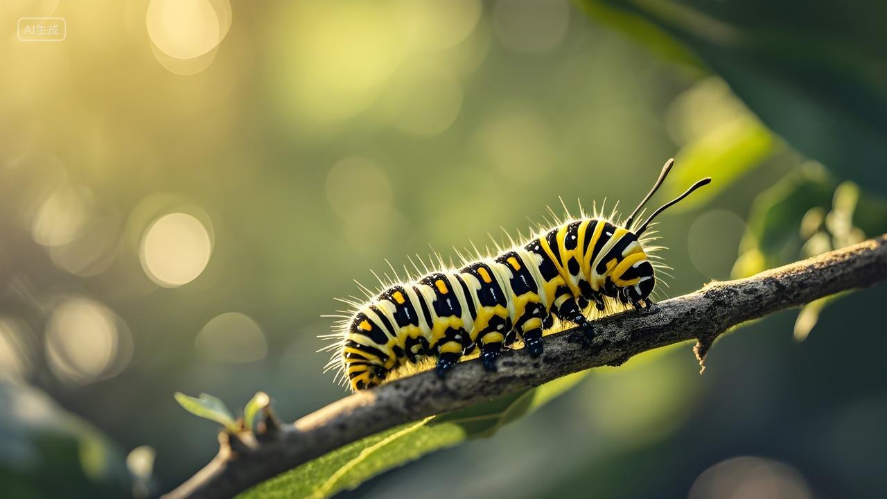 动物可爱的毛毛虫在树枝上爬的摄影照片