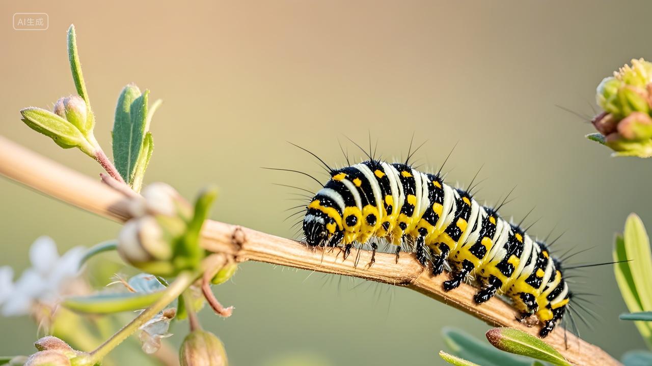 动物令人感到恐惧的虫子毛毛虫在花枝树枝上爬的照片