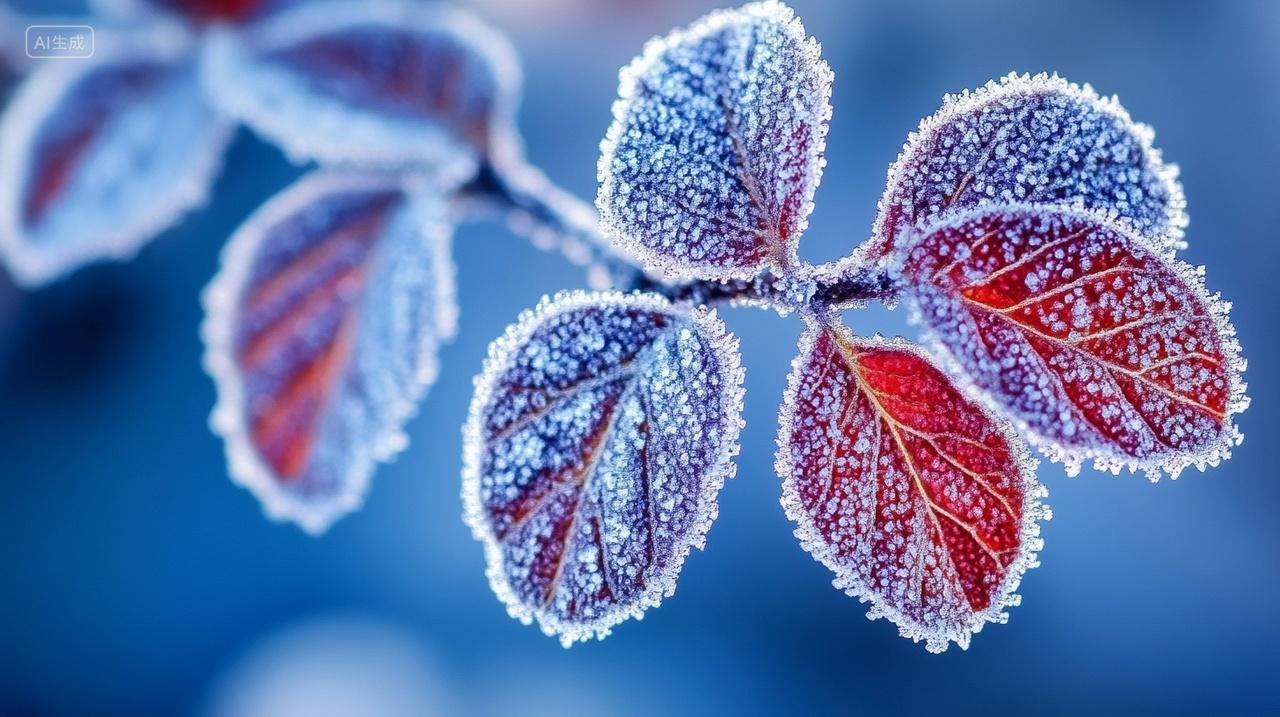 冬天小雪大雪冬至节气霜降初冬叶子上霜雪覆盖远景真实风景立冬冬至冬天寒冷插画