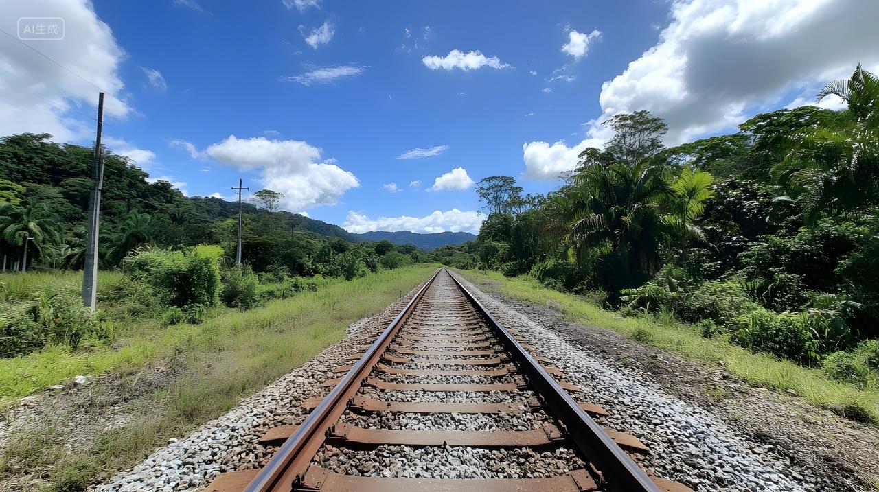 蓝天白云下延伸至远方的笔直铁路风景