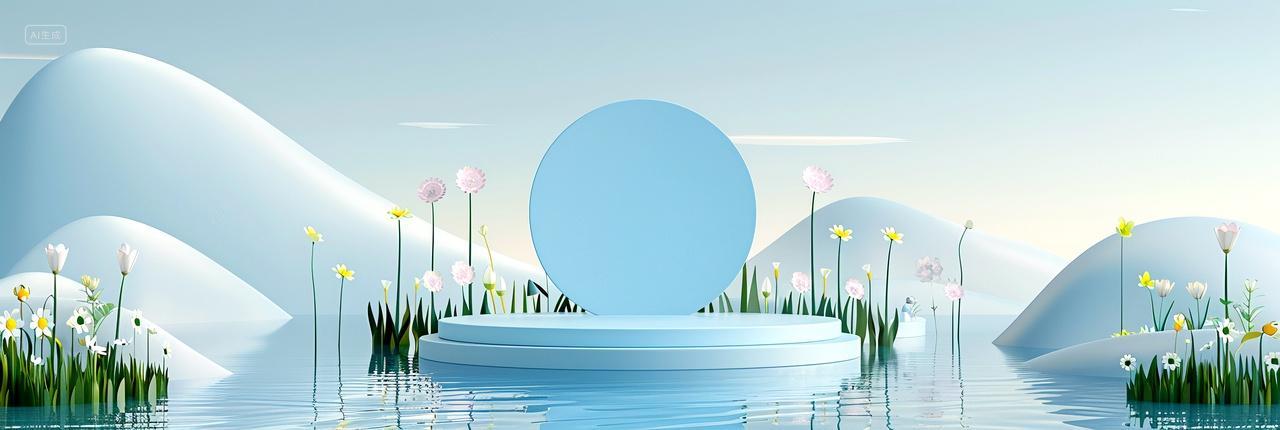 蓝天白云下的山脉湖边一个圆形展示台被花丛环绕