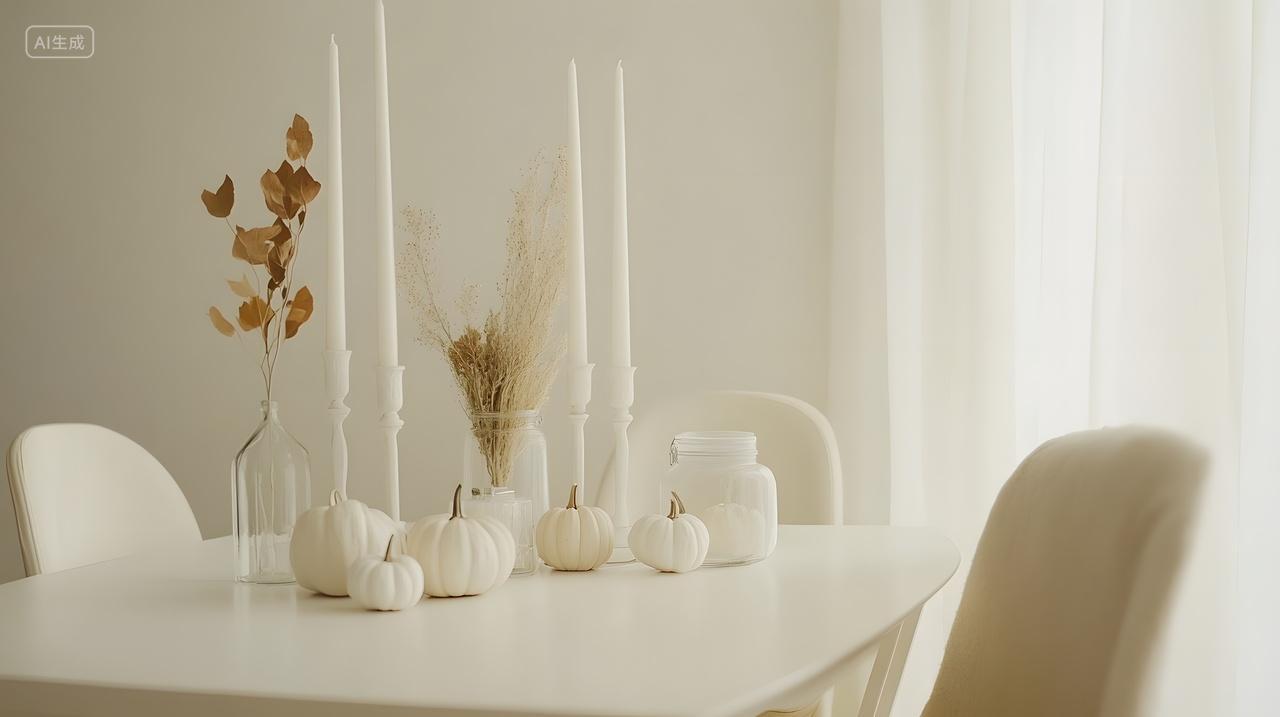 简约白色餐桌南瓜干花装饰自然光