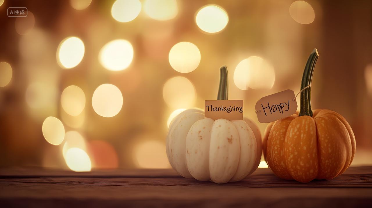 感恩节白色橙色小南瓜温馨节日灯光