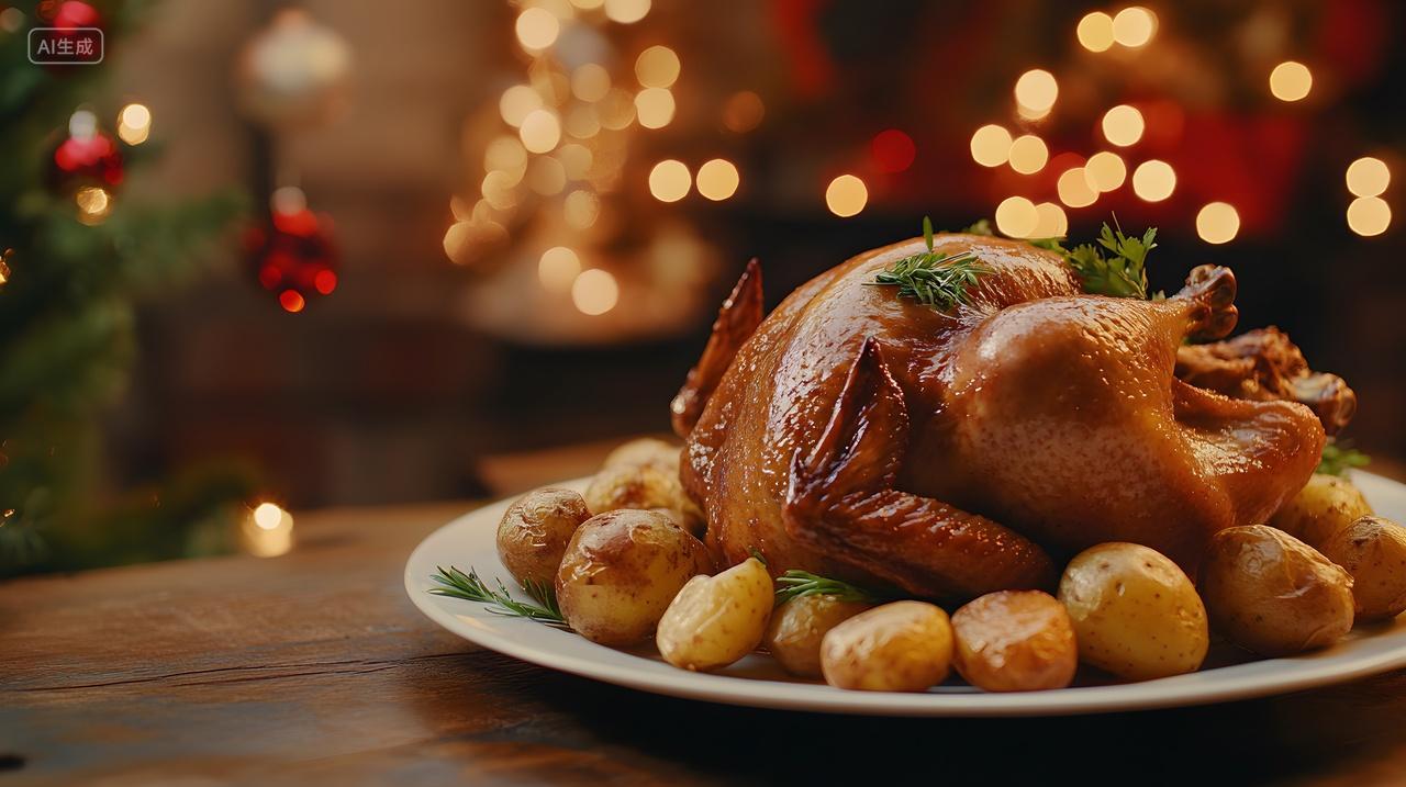 感恩节烤火鸡和土豆温馨灯光背景