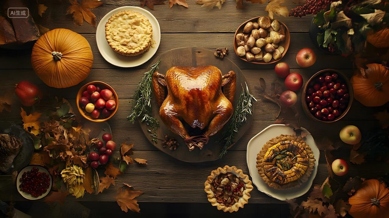 感恩节丰盛餐桌烤火鸡秋季美食盛宴