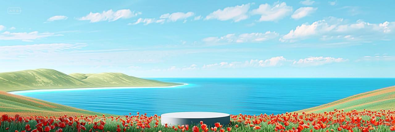 蓝天白云下的山脉湖边一个圆形展示台被花丛环绕