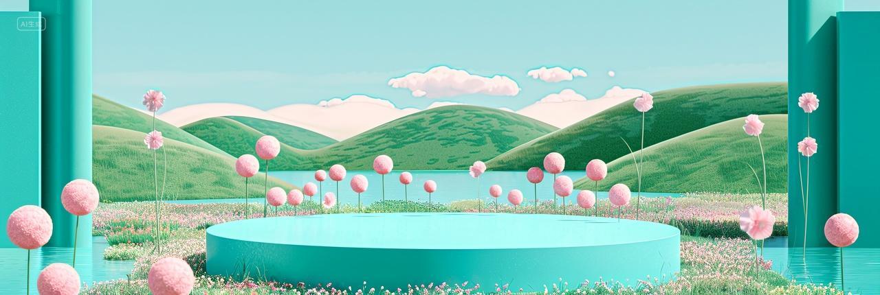 蓝天白云下的山脉湖边一个圆形展示台被花丛环绕