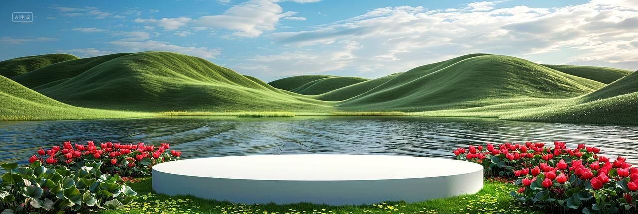 蓝天白云下的山脉湖边一个圆形展示台被花丛环绕