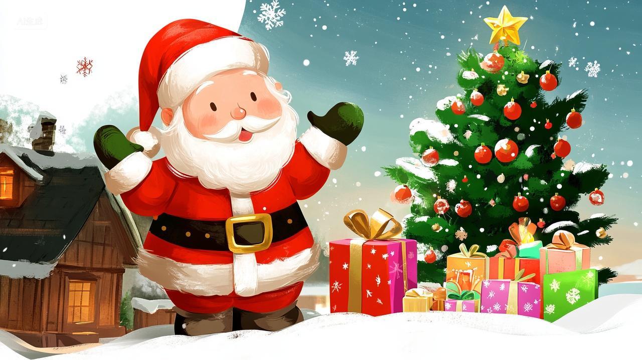圣诞节之夜圣诞老人送礼物新年可爱卡通背景