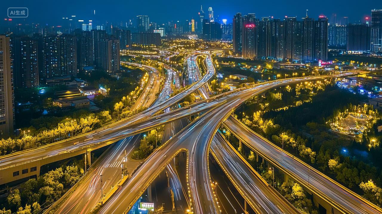 上海城市夜景街道交通立交桥汽车车流车灯线